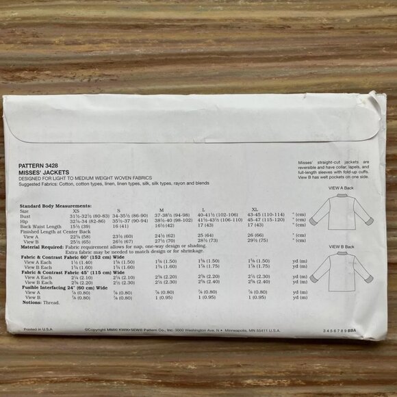 UNCUT Sewing Pattern Kwik Sew 3428 Misses Reversible Jacket Straight-cut XS-XL - Picture 2 of 2